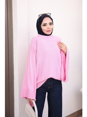 İmaj Butik Pembe Yarasa Kol Salaş Triko Kazak
