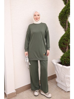 İmaj Butik Haki Bisiklet Yaka Armalı Tunik Pantolonlu Takım