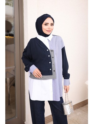 İmaj Butik Lacivert Çizgili Parça Detaylı Garnili Gömlek