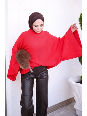 İmaj Butik Kırmızı Yarasa Kol Salaş Triko Kazak