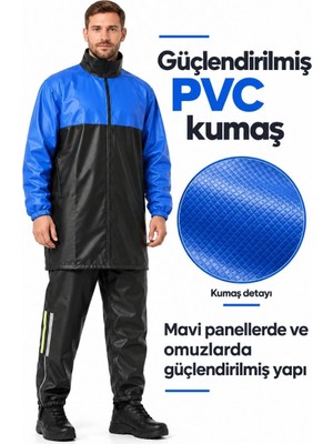 Milares Erkek Mavi Siyah Su Geçirmez Reflektörlü Motorcu Yağmurluk Takımı Uzun Ceket Fermuarlı Paça
