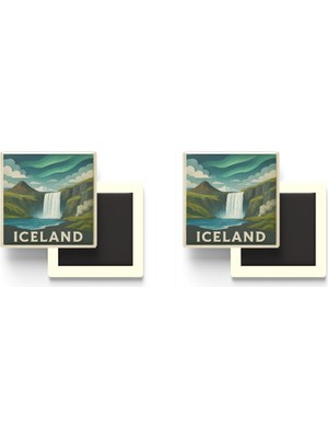 İberk Izlanda - Iceland - Paper Cut Art - 2 Adet - Baskılı Buzdolap Magneti Kare - 9x9 cm