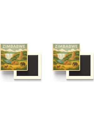 İberk Zimbabve - Zimbabwe - Paper Cut Art - 2 Adet - Baskılı Buzdolap Magneti Kare - 9x9 cm