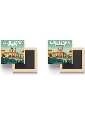 İberk Ljubljana Slovenya - Eski Şehir - 2 Adet - Baskılı Buzdolabı Magneti 9x9 cm