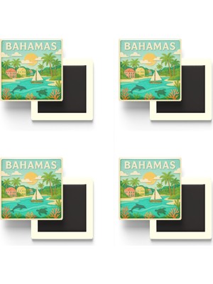 İberk Bahamalar - Bahamas - Paper Cut Art - 4 Adet - Baskılı Buzdolap Magneti Kare - 9x9 cm