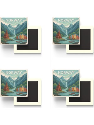 İberk Norveç - Norway - Paper Cut Art - 4 Adet - Baskılı Buzdolap Magneti Kare - 9x9 cm