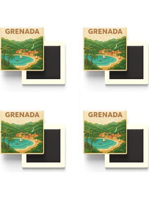 İberk Grenada - Grenada - Paper Cut Art - 4 Adet - Baskılı Buzdolap Magneti Kare - 9x9 cm