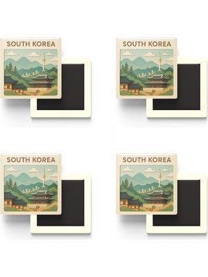 İberk Güney Kore - South Korea - Paper Cut Art - 4 Adet - Baskılı Buzdolap Magneti Kare - 9x9 cm
