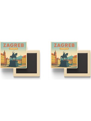 İberk Zagreb Hırvatistan - Ban Jelačić Meydanı - 2 Adet - Baskılı Buzdolabı Magneti 9x9 cm