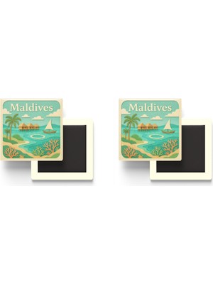 İberk Maldivler - Maldives - Paper Cut Art - 2 Adet - Baskılı Buzdolap Magneti Kare - 9x9 cm