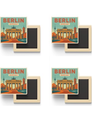İberk Berlin Almanya - Brandenburg Kapısı - 4 Adet - Baskılı Buzdolabı Magneti 9x9 cm