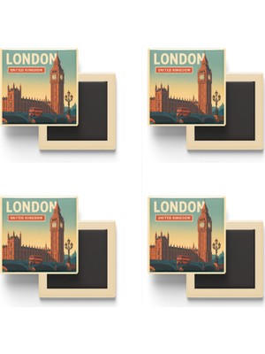 İberk Londra Birleşik Krallık - Big Ben - 4 Adet - Baskılı Buzdolabı Magneti 9x9 cm