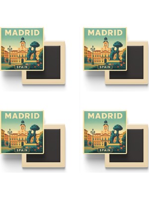 İberk Madrid Ispanya - Puerta Del Sol (Güneş Kapısı) - 4 Adet - Baskılı Buzdolabı Magneti 9x9 cm