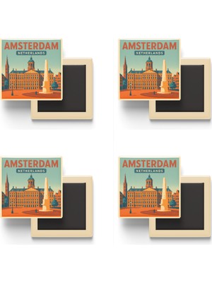 İberk Amsterdam Hollanda - Dam Meydanı - 4 Adet - Baskılı Buzdolabı Magneti 9x9 cm