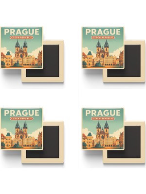 İberk Prag Çekya - Eski Şehir Meydanı - 4 Adet - Baskılı Buzdolabı Magneti 9x9 cm
