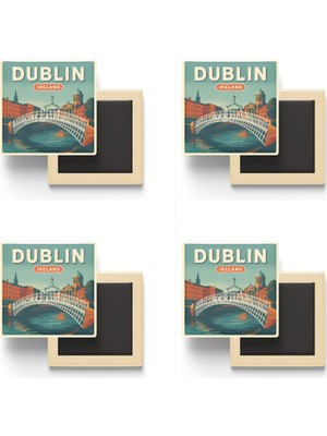 İberk Dublin Irlanda - Ha’penny Köprüsü - 4 Adet - Baskılı Buzdolabı Magneti 9x9 cm