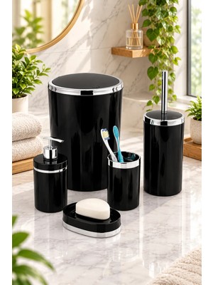 Imera Akrilik Yapım Gümüş Çizgi Banyo Takımı 5'li Yuvarlak Banyo Seti Siyah
