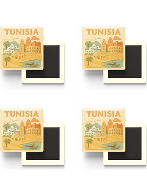 İberk Tunus - Tunisia - Paper Cut Art - 4 Adet - Baskılı Buzdolap Magneti Kare - 9x9 cm