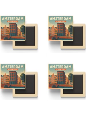İberk Amsterdam Hollanda - Anne Frank Evi - 4 Adet - Baskılı Buzdolabı Magneti 9x9 cm