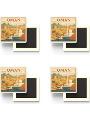 İberk Umman - Oman - Paper Cut Art - 4 Adet - Baskılı Buzdolap Magneti Kare - 9x9 cm