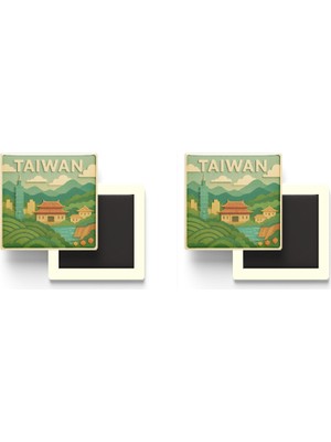 İberk Tayvan - Taiwan - Paper Cut Art - 2 Adet - Baskılı Buzdolap Magneti Kare - 9x9 cm