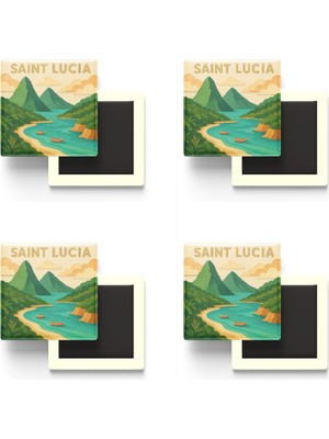İberk Saint Lucia - Saint Lucia - Paper Cut Art - 4 Adet - Baskılı Buzdolap Magneti Kare - 9x9 cm