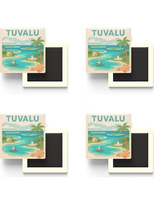 İberk Tuvalu - Tuvalu - Paper Cut Art - 4 Adet - Baskılı Buzdolap Magneti Kare - 9x9 cm