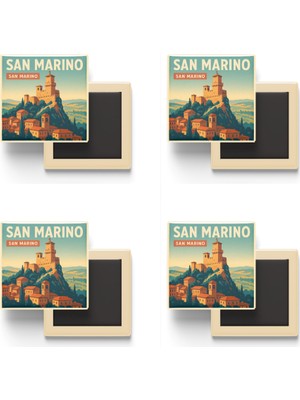 İberk San Marino San Marino - Guaita Kulesi - 4 Adet - Baskılı Buzdolabı Magneti 9x9 cm