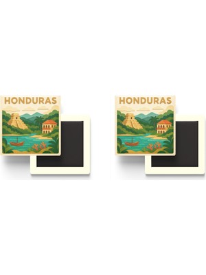 İberk Honduras - Honduras - Paper Cut Art - 2 Adet - Baskılı Buzdolap Magneti Kare - 9x9 cm