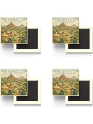İberk Lesotho - Lesotho - Paper Cut Art - 4 Adet - Baskılı Buzdolap Magneti Kare - 9x9 cm