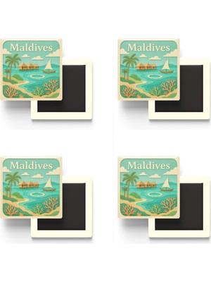 İberk Maldivler - Maldives - Paper Cut Art - 4 Adet - Baskılı Buzdolap Magneti Kare - 9x9 cm