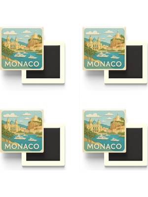İberk Monako - Monaco - Paper Cut Art - 4 Adet - Baskılı Buzdolap Magneti Kare - 9x9 cm