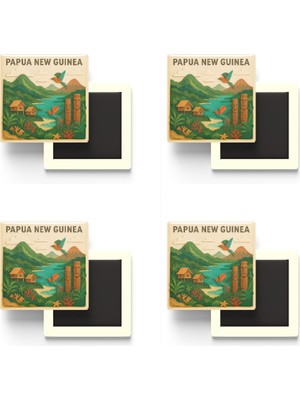 İberk Papua Yeni Gine - Papua New Guinea - Paper Cut Art - 4 Adet - Baskılı Buzdolap Magneti Kare - 9x9 cm