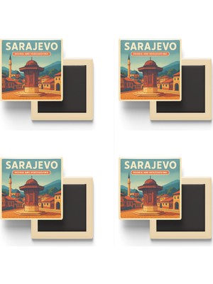 İberk Saraybosna Bosna-Hersek - Başçarşı - 4 Adet - Baskılı Buzdolabı Magneti 9x9 cm