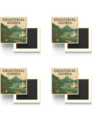 İberk Ekvator Ginesi - Equatorial Guinea - Paper Cut Art - 4 Adet - Baskılı Buzdolap Magneti Kare - 9x9 cm