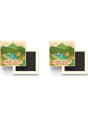 İberk Saint Kitts ve Nevis - Paper Cut Art - 2 Adet - Baskılı Buzdolap Magneti Kare - 9x9 cm