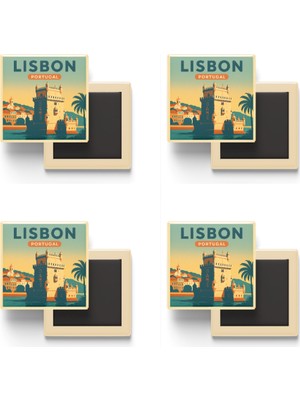 İberk Lizbon Portekiz - Belém Kulesi - 4 Adet - Baskılı Buzdolabı Magneti 9x9 cm