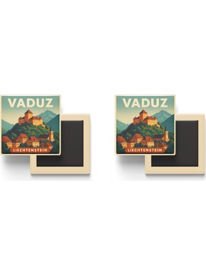 İberk Vaduz Lihtenştayn - Vaduz Kalesi - 2 Adet - Baskılı Buzdolabı Magneti 9x9 cm