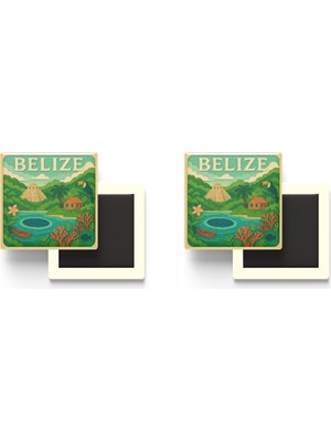 İberk Belize - Belize - Paper Cut Art - 2 Adet - Baskılı Buzdolap Magneti Kare - 9x9 cm