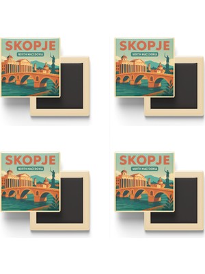 İberk Üsküp Kuzey Makedonya - Taş Köprü - 4 Adet - Baskılı Buzdolabı Magneti 9x9 cm