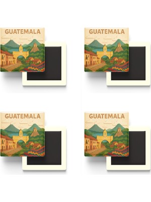 İberk Guatemala - Guatemala - Paper Cut Art - 4 Adet - Baskılı Buzdolap Magneti Kare - 9x9 cm