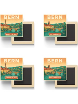 İberk Bern Isviçre - Aare Nehri - 4 Adet - Baskılı Buzdolabı Magneti 9x9 cm