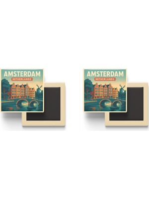 İberk Amsterdam Hollanda - Kanallar - 2 Adet - Baskılı Buzdolabı Magneti 9x9 cm