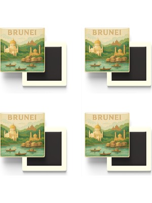 İberk Brunei - Brunei - Paper Cut Art - 4 Adet - Baskılı Buzdolap Magneti Kare - 9x9 cm