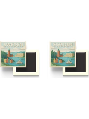 İberk Isveç - Sweden - Paper Cut Art - 2 Adet - Baskılı Buzdolap Magneti Kare - 9x9 cm