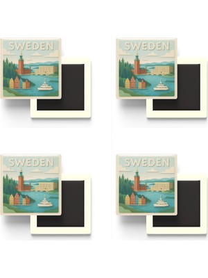 İberk Isveç - Sweden - Paper Cut Art - 4 Adet - Baskılı Buzdolap Magneti Kare - 9x9 cm