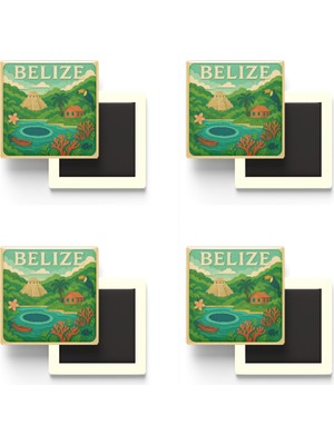İberk Belize - Belize - Paper Cut Art - 4 Adet - Baskılı Buzdolap Magneti Kare - 9x9 cm