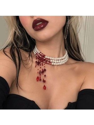 Ravinity Cadılar Bayramı Kolyesi Halloween Inci Choker Tasma Kolye Bordo Kırmızı Boncuklu Sarkan Gotik Takı