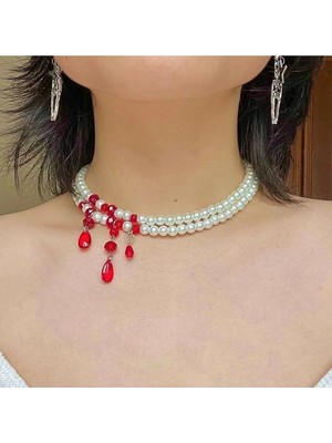 Ravinity Damlayan Kan Görünümlü Kırmızı Damla Boncuklu Choker Inci Kolye Halloween Aksesuarı