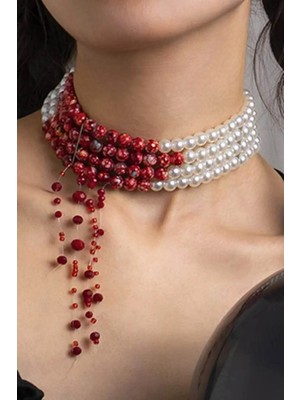 Ravinity Dark Romance Inci Choker Kolye Bordo Kırmızı Boncuklu Choker Kolye Halloween Gothic Kanlı Kolye